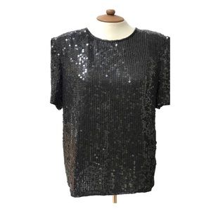 Vintage Designer Black Sequins & Silk Dressy Glam Top, Sz M